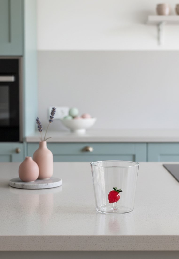 Przezroczysty szklany kubek z pojedynczą truskawką w środku na białym kuchennym blacie, w tle pastelowe wazony i misa z owocami.