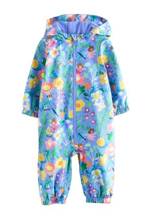 Sinine laste vihmakombinesoon kapuutsiga, millel on värvikad lille-, mesilase-, tigu-, linnu- ja haldjamustrid ning eesmine tõmblukuga kinnis.
