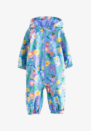 Modrý dětský pláštěnkový oblek s barevnými květinovými, včelími, šnečími, ptáčími a vílími vzory a předním zapínáním na zip.