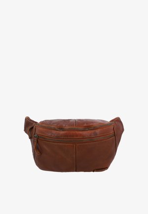 Brun læder bæltetaske med to lynlåslommer og justerbare remme på hvid baggrund.