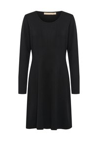 Robe noire à manches longues avec un col rond, en tissu doux, présentant une silhouette fluide en A sans motifs ni accents visibles.
