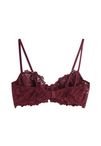 Burgundy lace bralette featuring intricate floral patterns, adjustable straps, and a hook-and-eye closure at the back.