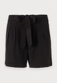 Pantalones cortos negros con una cinturilla ancha, que cuentan con un lazo atado, pliegues en la parte frontal y una textura de tela suave.