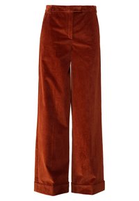 Szerokie spodnie z korduroyu w odcieniu palonej pomarańczy, z pionowym prążkowanym teksturą, prostym przodem i podwiniętymi mankietami dla dodatkowego efektu.
