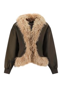 Hnědá zkrácená bunda s chlupatým béžovým límcem a obšíváním z umělé kožešiny. Má dlouhé rukávy a elastické manžety, kombinuje hladký materiál a texturu.