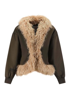 Brown cropped jacket with a fluffy beige faux fur collar and trim. Features long sleeves and elastic cuffs, combining smooth material and texture.
