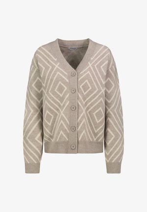 Beige Cardigan mit V-Ausschnitt, ausgestattet mit einem geometrischen Rautenmuster in Off-White, sechs Knöpfen auf der Front und ribbeligen Bündchen.