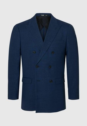 Blazer doppiopetto blu navy realizzato in tessuto testurizzato, con rever a punta, due tasche frontali e bottoni neri.