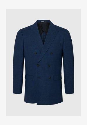 Tamsiai mėlynas dvigubos sagtys švarkas, pagamintas iš tekstūruoto audinio, su įpjovomis apykaklėmis, dviem priekinių kišenėmis ir juodomis sagomis.