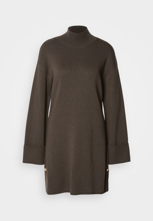 Brown knit turtleneck sweater with long sleeves, ribbed cuffs, and side slits featuring gold-tone accent buttons. Soft texture.