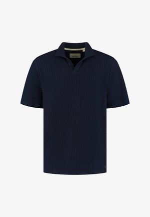 Donkerblauw poloshirt met korte mouwen, gestructureerde stof en een gespleten V-halskraag.