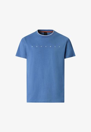 Camiseta de algodón azul con cuello redondo y mangas cortas; presenta la palabra "HACKETT" en blanco, centrada en el pecho.