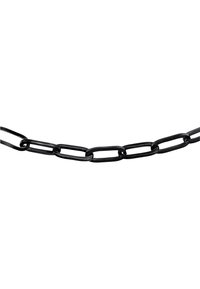 Catena in metallo nero con maglie ovali allungate, caratterizzata da una superficie liscia e un design uniforme, adatta per varie applicazioni.