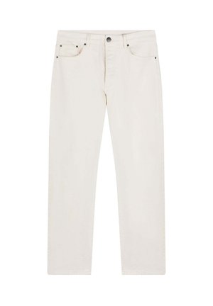 Paire de jeans en denim écru avec une coupe droite, cinq poches et des accents en métal noir à l'avant. Texture lisse.