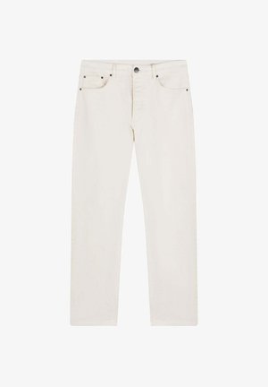 Een paar off-white denim jeans met een rechte snit, vijf zakken en zwarte hardware-accenten aan de voorkant. Glad textuur.