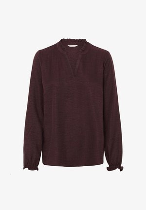 Blouse bordeaux à manches longues avec un col froncé et des poignets elasticisés. Fabriquée en tissu doux et texturé avec une coupe décontractée.