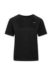 Sort T-shirt med korte ærmer lavet af blødt stof. Har en rund halsudskæring og raglanærmer. Lille hvidt logo på den øverste venstre side.
