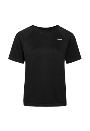 Black short-sleeve T-shirt made of soft fabric. Features a crew neck and raglan sleeves. Small white logo on the upper left side.
