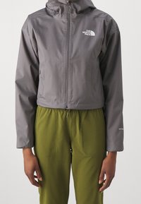 Szara kurtka na zamek błyskawiczny, krótka, z kapturem, z logo The North Face. Gładka tkanina i regulowane mankiety, zestawiona z zielonymi spodniami.