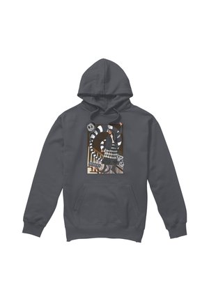 Dark gray hoodie featuring a graphic of a girl in plaid skirt with striped tentacles and skulls, with "Beetlejuice" text at the bottom.