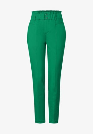 Gröna byxor med volangliv, prydda med två knappar, smal passform och slät textur. Inga fickor synliga.