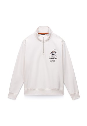 Φωτεινό μπεζ φούτερ με φερμουάρ και ψηλό γιακά. Διαθέτει γραφικό με καρτούν κουνέλι στο αριστερό στήθος και ριμπ μανσέτες. Μαλακή υφή.