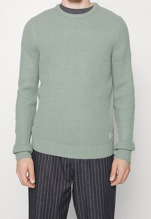 Pull en tricot vert clair avec un col rond et des poignets et un ourlet côtelés. Porté par-dessus un t-shirt gris, associé à un pantalon rayé.