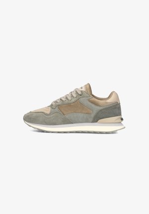 Gray and beige sneaker with a suede and leather upper, rounded toe, textured accents, and a rubber sole. Laces are light gray.