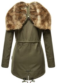 Parka vert olive à manches longues, taille ajustable, fermeture éclair, et cape d'épaule amovible en fausse fourrure marron.