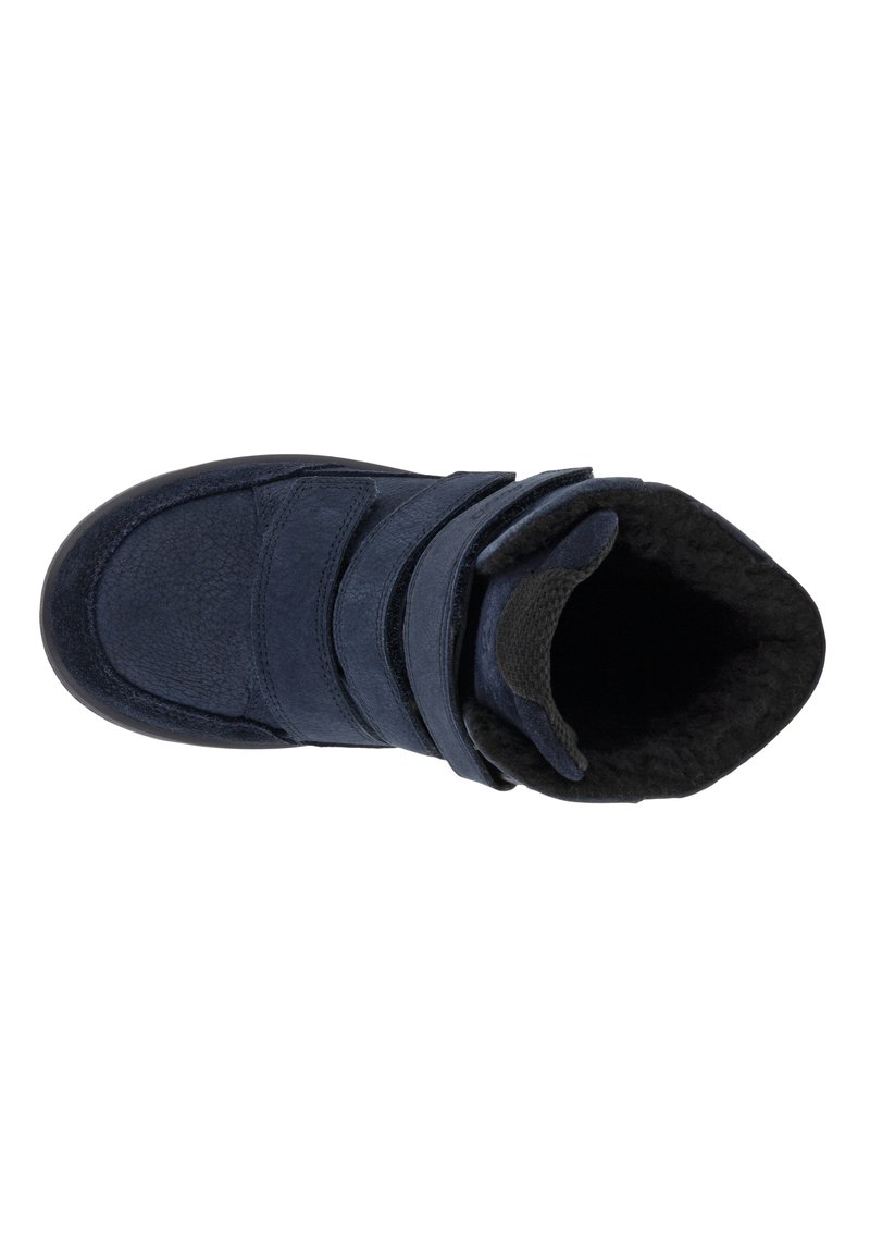 Dunkelblaue Knöchelstiefel mit verstellbaren Klettverschlüssen, weichem strukturiertem Äußeren und weichem schwarzen Futter. Abgerundete Zehenpartie und rutschfeste Sohle.