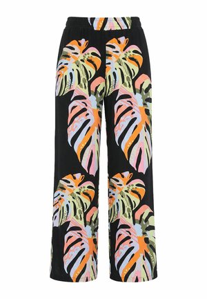 Angel of Style, JERSEY TROUSERS, WIDE, STRAIGHT LEG, LEAF PRINT - Housut - black