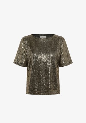 Short-sleeve top in dark gold, covered with shiny sequins. Features a rounded neckline and loose fit. Smooth texture with a shimmering finish.