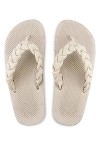 Braided strap flip-flops in light beige, with textured rubberized soles featuring a honeycomb pattern and rounded edges for comfort.