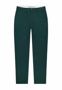 Dunkelgrüne Chinos mit geradem Bein, ausgestattet mit einem Knopfverschluss und Gürtelschlaufen, aus einem glatten, leichten Stoff gefertigt.