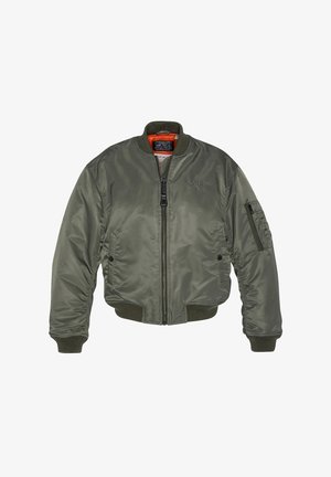 Olivengroene bomberjack, gemaakt van nylon, met ribgebreide kraag en manchetten, ritssluiting, voorzakken en een gedurfde oranje voering.