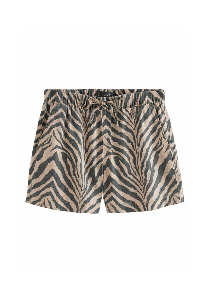 Beige en zwarte zebra print shorts met elastische tailleband en trekkoord, voorzien van zijzakken en een comfortabele pasvorm.