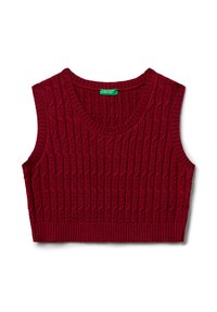 Ärmellose, kurz geschnittene Strickweste aus dunkelrotem Kabelstrick mit geripptem Halsausschnitt, Armausschnitten und Saum, etikettiert United Colors of Benetton.