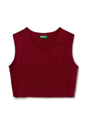 Un gilet sans manches en tricot torsadé rouge foncé, avec un col côtelé, des emmanchures et un ourlet, étiqueté United Colors of Benetton.