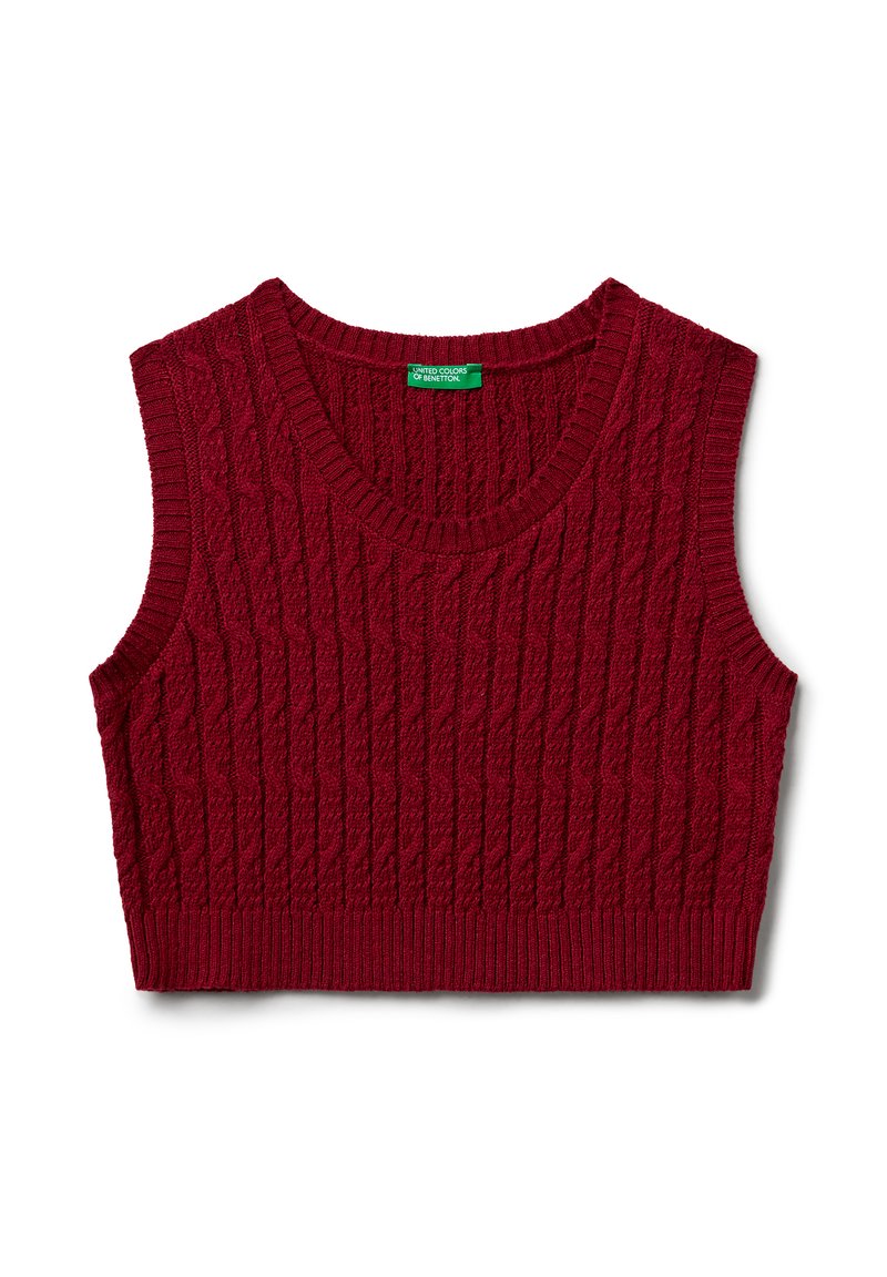 Ärmellose, kurz geschnittene Strickweste aus dunkelrotem Kabelstrick mit geripptem Halsausschnitt, Armausschnitten und Saum, etikettiert United Colors of Benetton.