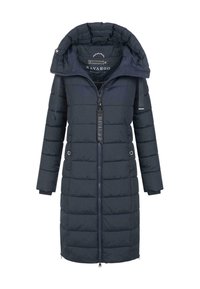 Navy puffer coat with a hood, featuring a zip front, side pockets, and quilted design. Smooth texture and mid-length cut, insulated for warmth.