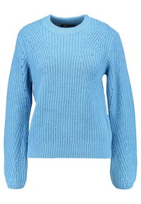 Vaaleansininen neulottu pusero pyöreällä pääntiellä, jossa on teksturoitu kuvio, resorit hihansuissa ja helmassa sekä avoin kudoskuvio.