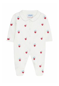 Body in cotone bianco per neonato con fragoline rosse ricamate e foglie blu, con maniche lunghe e colletto a scallop, dotato di chiusure a scatto.