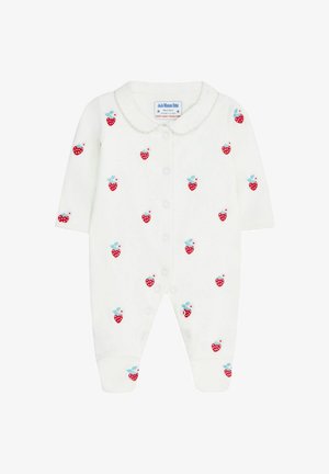 Body pentru bebeluși din bumbac alb, cu căpșuni roșii brodate și frunze albastre, cu mâneci lungi și guler zimțat, având închideri cu capse.