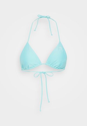 Lichtblauwe bikinitop met driehoekige cups, verstelbare bandjes rond de nek en rug, en geplooide details langs de randen.