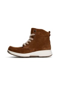 Bruine suède enkellaars met witte rubberen zool, voorzien van beige veters en een trekband aan de achterkant voor eenvoudig aan- en uittrekken.