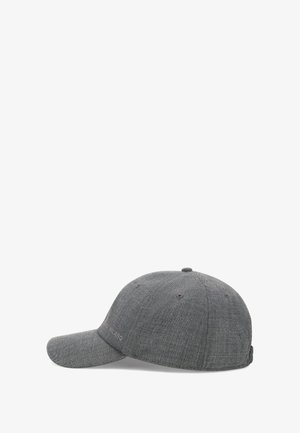 Gray fabric baseball cap with six panels, ventilation holes, a curved brim, and subtle embroidered text on the front left side.