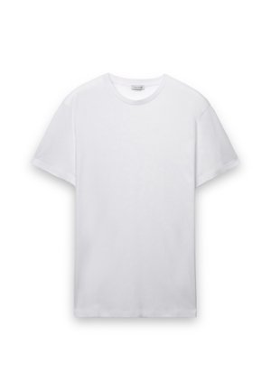 T-shirt bianca a maniche corte in morbido cotone, con scollo rotondo, taglio dritto e cuciture piatte senza loghi o motivi visibili.