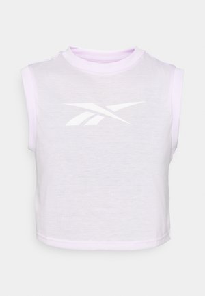 White crop top with sleeveless design, soft fabric, and a light purple collar. Features a prominent white logo on the front.
