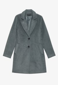 Cappotto di lana grigio con revers a punta, due tasche frontali e due bottoni neri. Tessuto morbido e design su misura, taglio a lunghezza media.