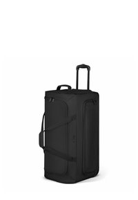 Schwarze weiche Reisetasche mit einem ausziehbaren Griff, seitlichen und oberen Tragegriffen, mit Reißverschlusstaschen und glatter Stofftextur.